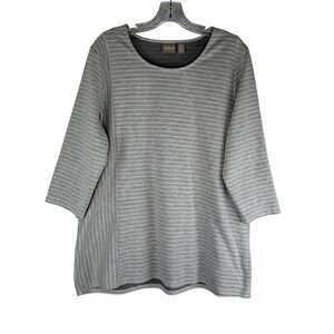 Chicos Grey White Striped 3/4 Sleeve Knit Top Scoop Neck Size 3 Large XL